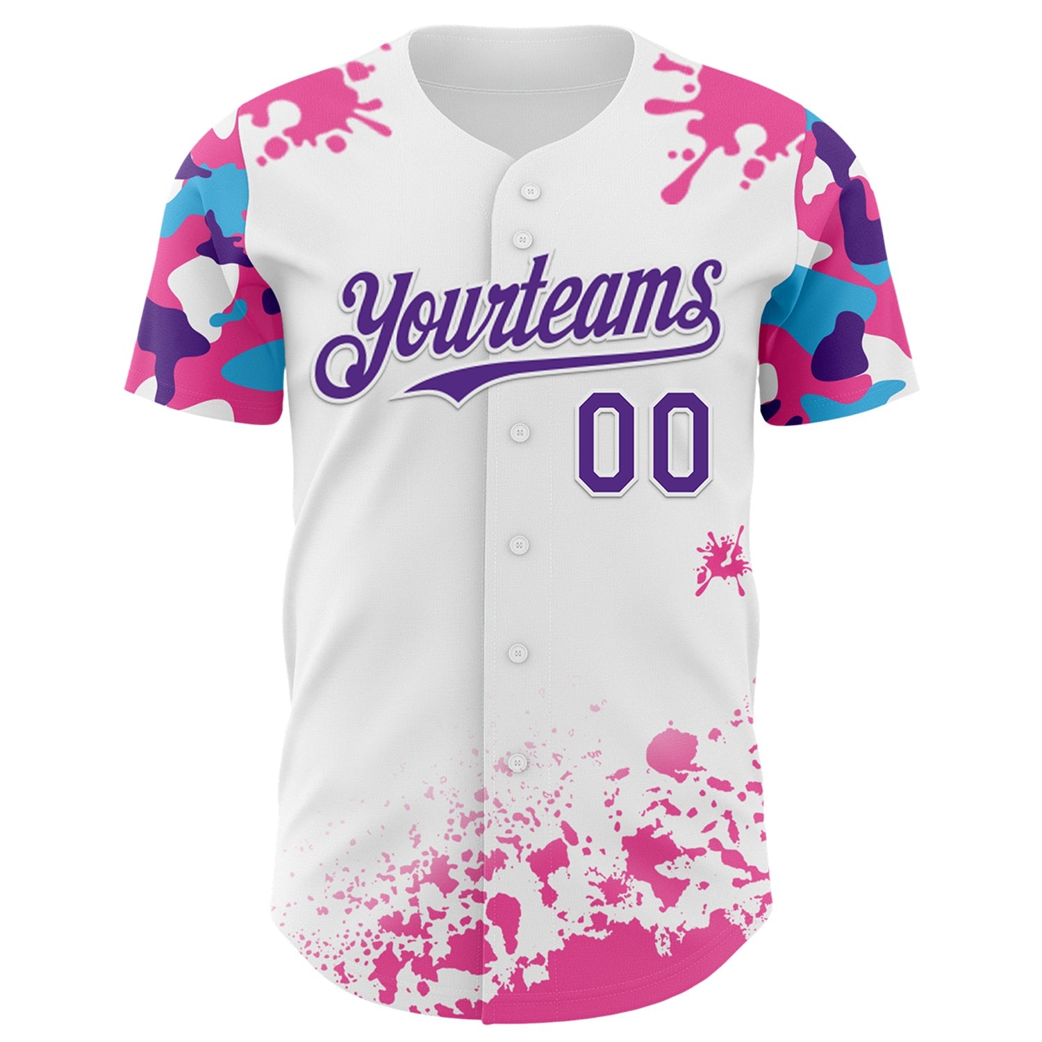 Custom White Purple Pink-Blue Splatter Camo Two Tone Authentic Baseball Jersey