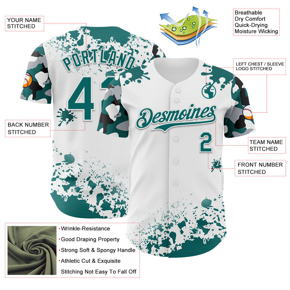 Custom White Teal Black-Gray Splatter Camo Two Tone Authentic Baseball Jersey