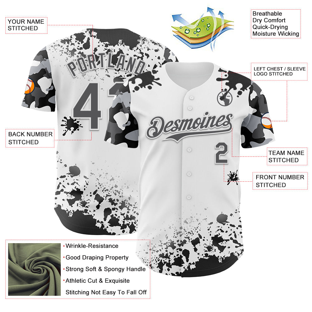 Custom White Steel Gray-Black Splatter Camo Two Tone Authentic Baseball Jersey