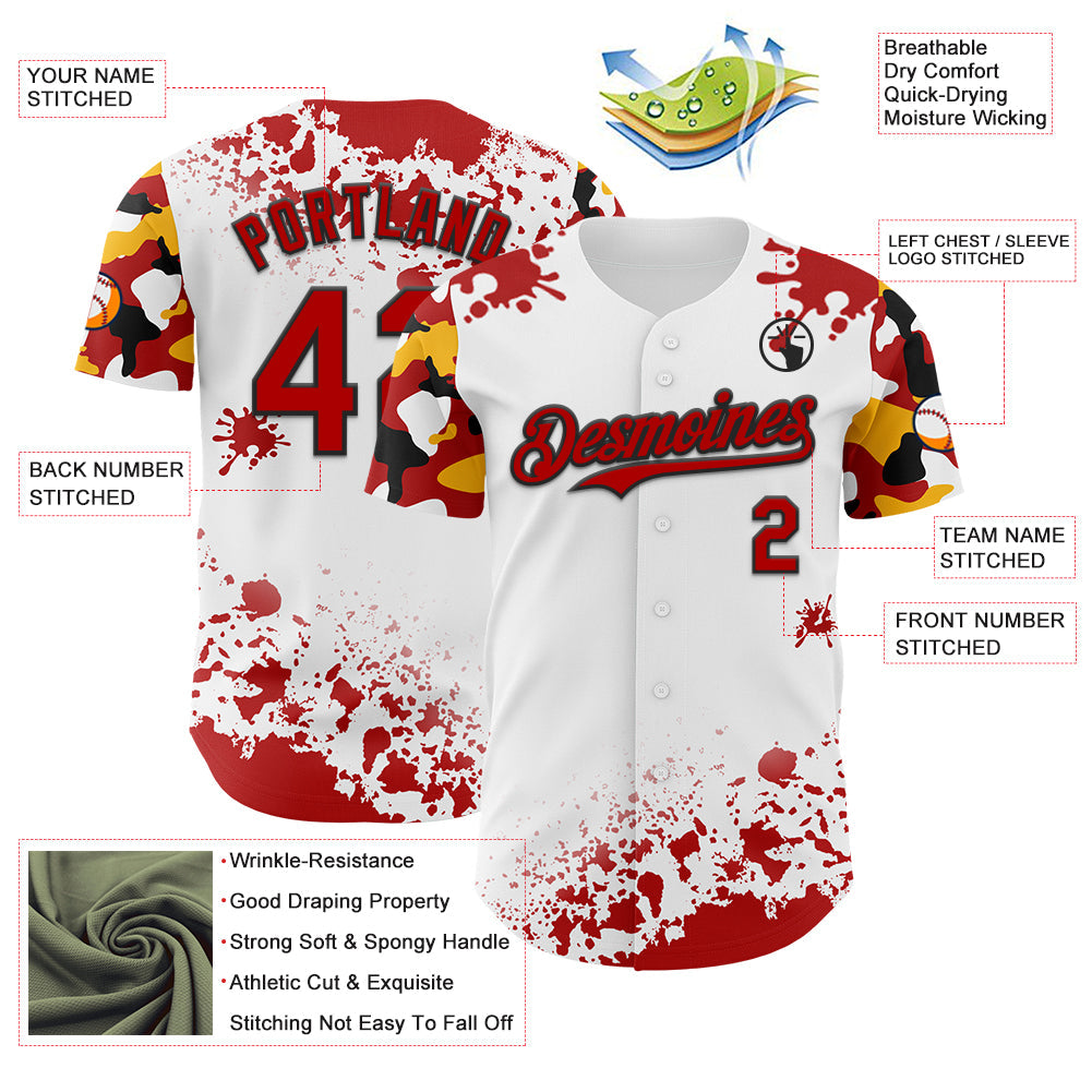 Custom White Red Black-Yellow Splatter Camo Two Tone Authentic Baseball Jersey