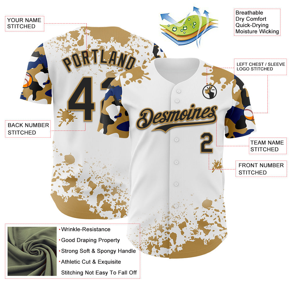 Custom White Black Old Gold-Blue Splatter Camo Two Tone Authentic Baseball Jersey