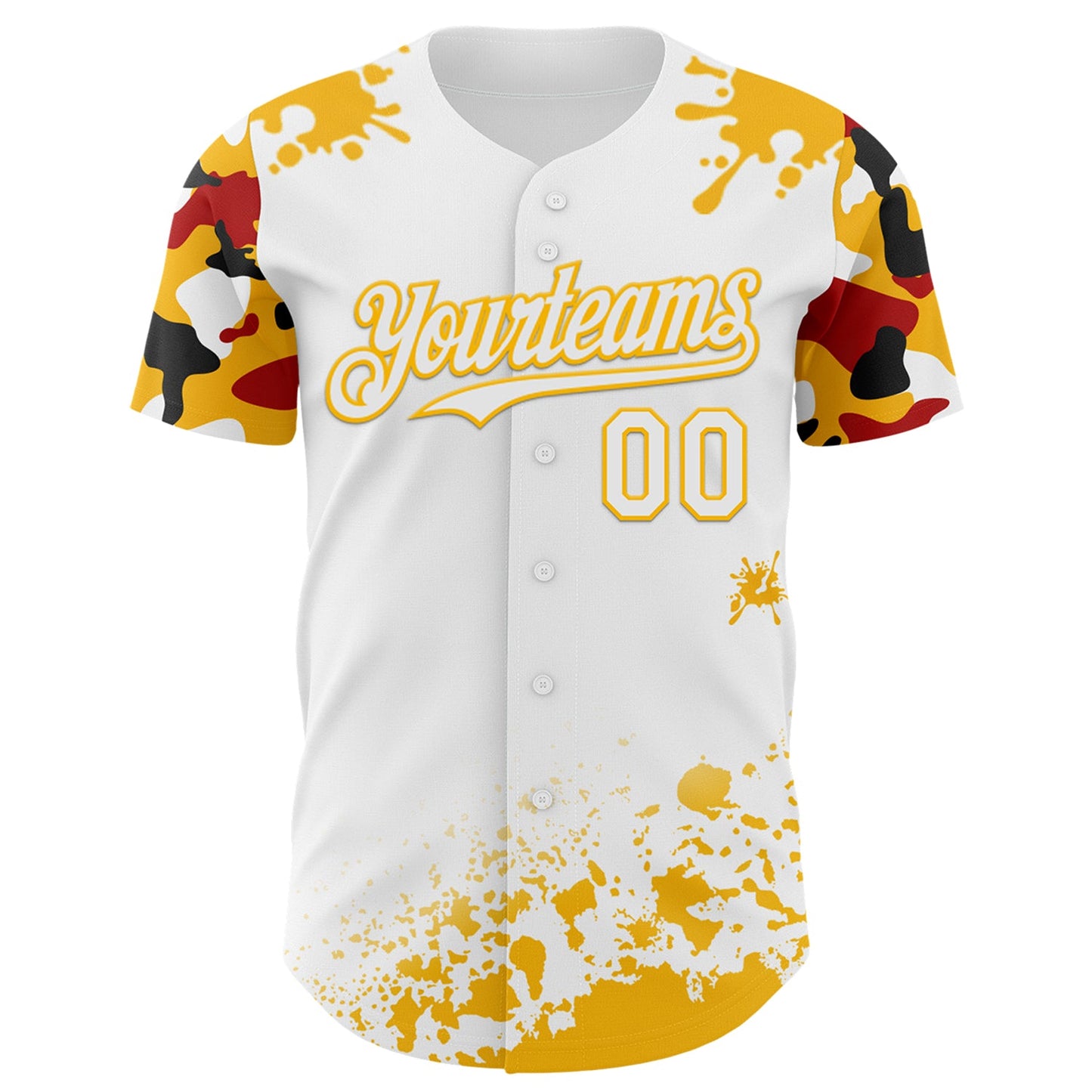 Custom White Gold Red-Black Splatter Camo Two Tone Authentic Baseball Jersey