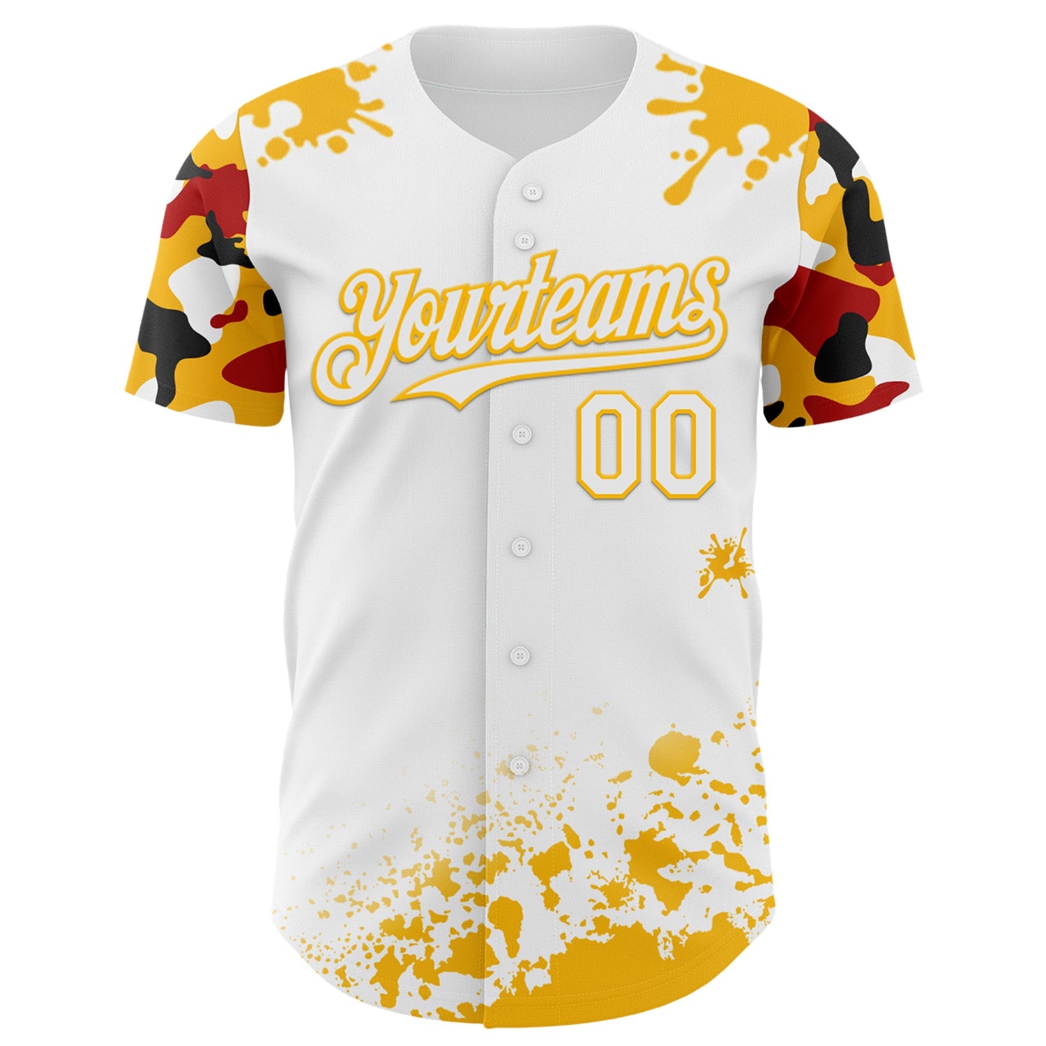 Custom White Gold Red-Black Splatter Camo Two Tone Authentic Baseball Jersey