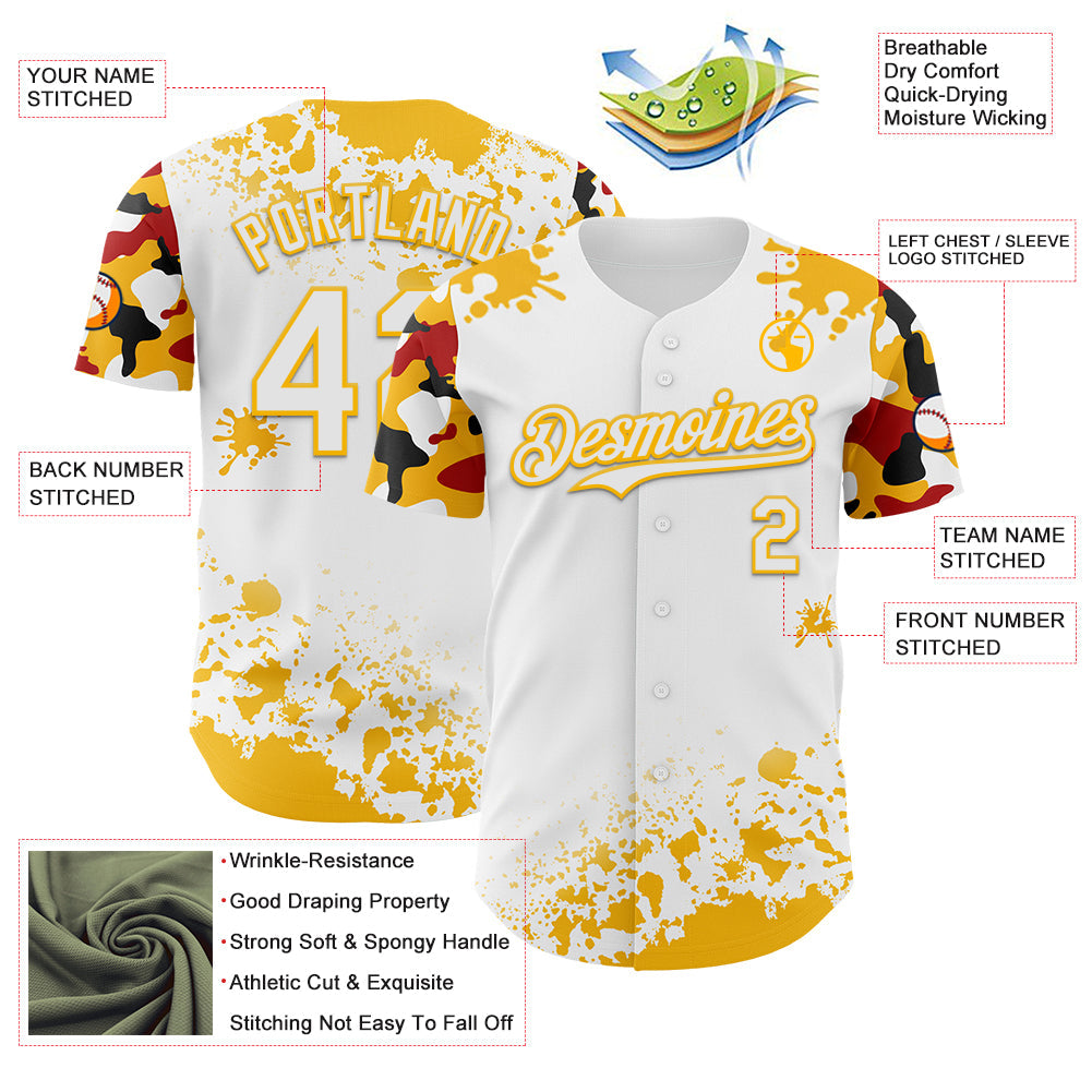 Custom White Gold Red-Black Splatter Camo Two Tone Authentic Baseball Jersey
