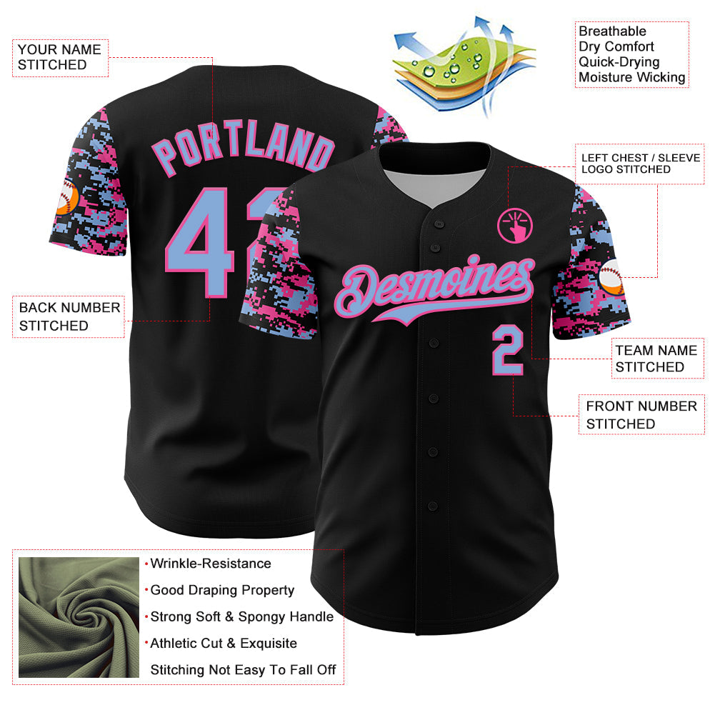 Custom Black Light Blue-Pink Digital Camo Two Tone Authentic Baseball Jersey
