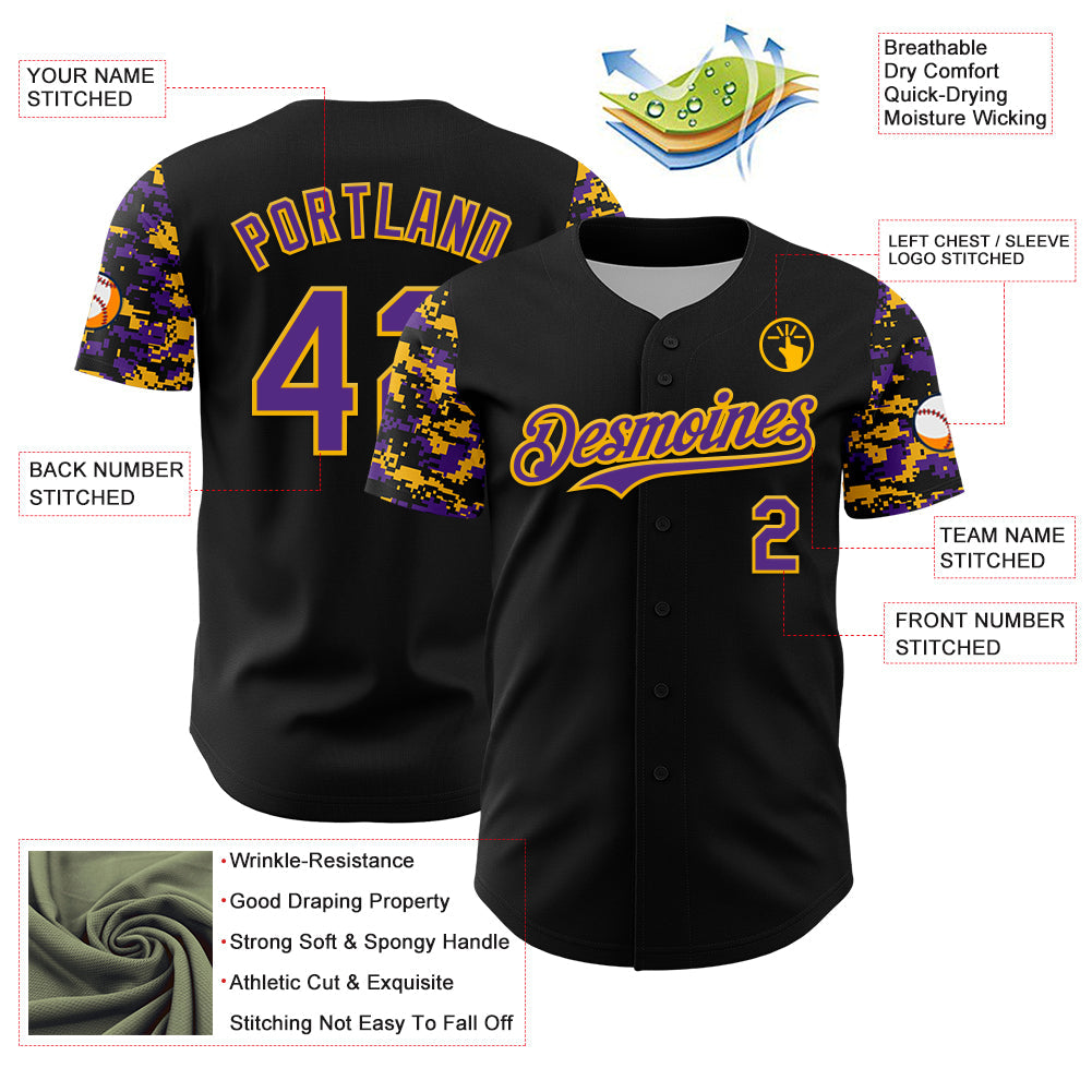 Custom Black Purple-Gold Digital Camo Two Tone Authentic Baseball Jersey