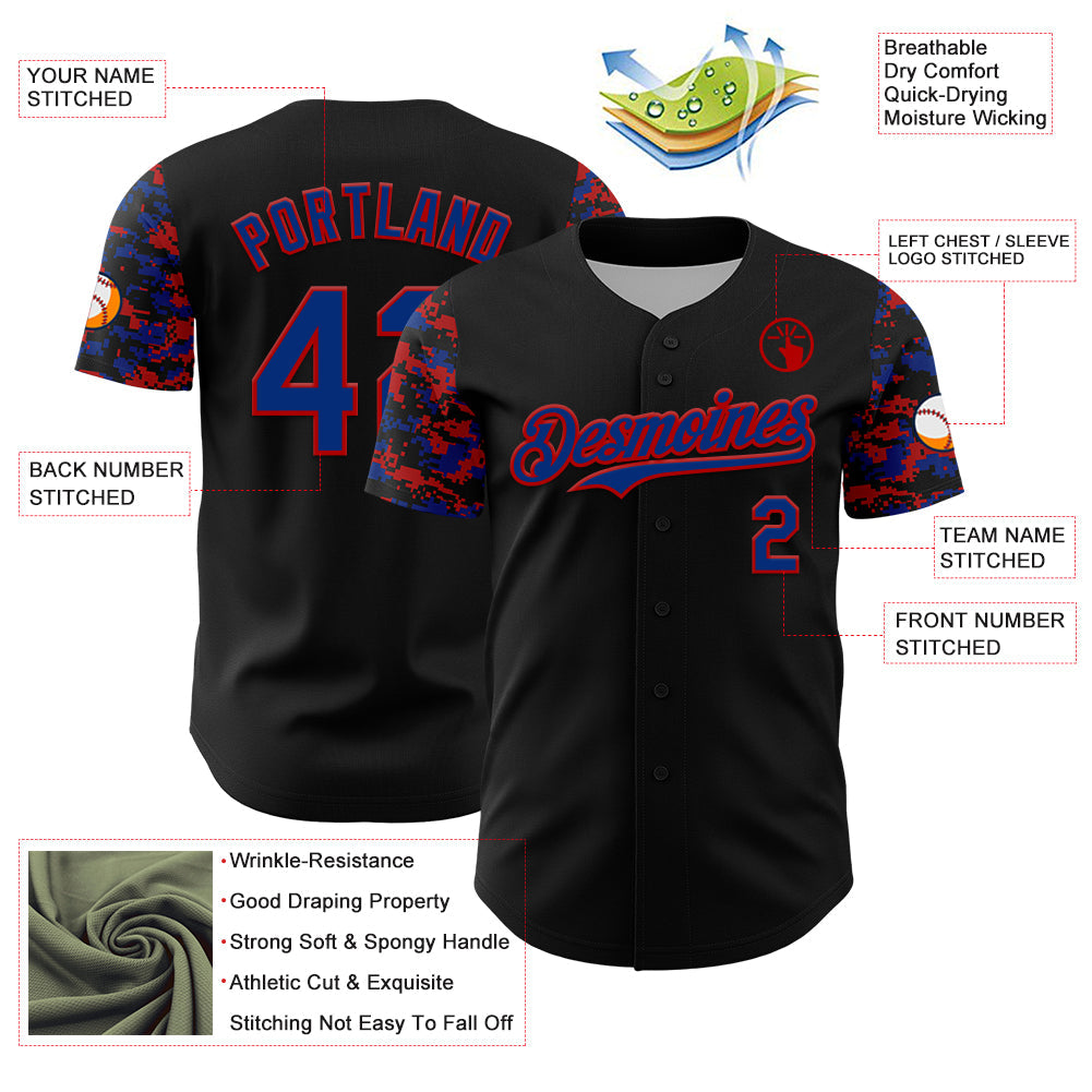 Custom Black Royal-Red Digital Camo Two Tone Authentic Baseball Jersey
