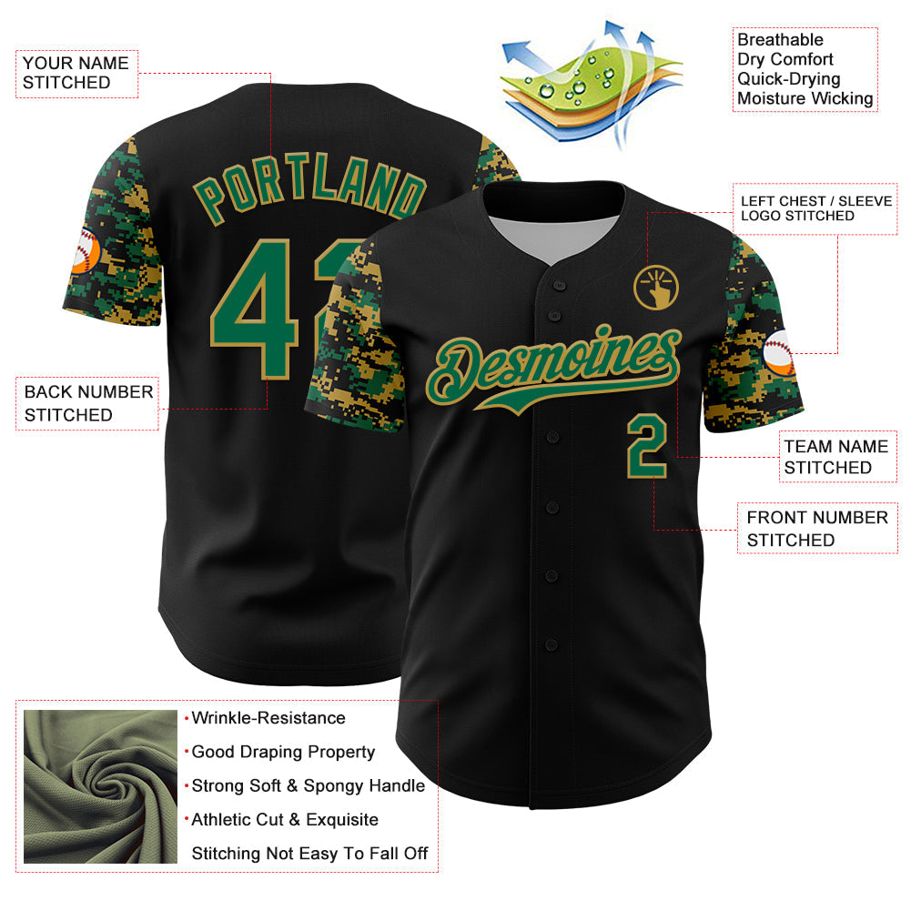 Custom Black Kelly Green-Old Gold Digital Camo Two Tone Authentic Baseball Jersey