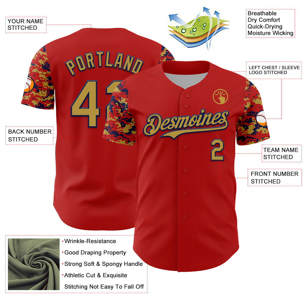 Custom Red Old Gold-Navy Digital Camo Two Tone Authentic Baseball Jersey