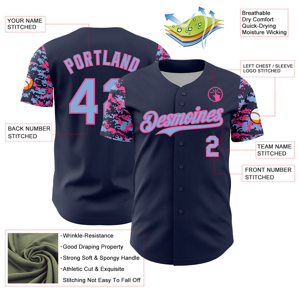 Custom Navy Light Blue-Pink Digital Camo Two Tone Authentic Baseball Jersey