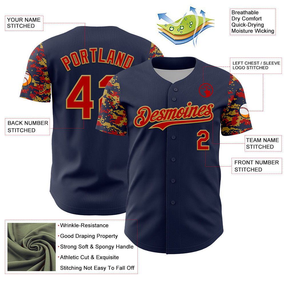 Custom Navy Red-Old Gold Digital Camo Two Tone Authentic Baseball Jersey