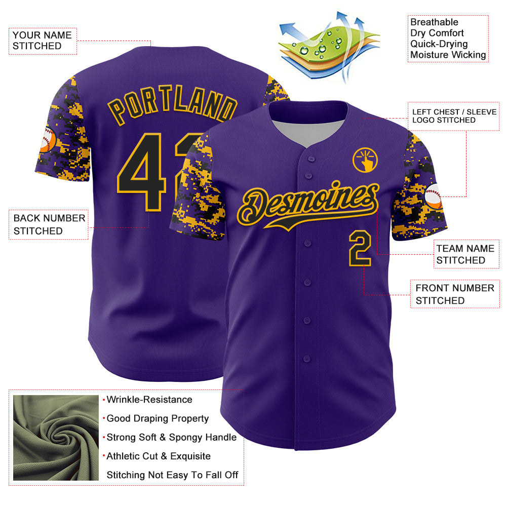 Custom Purple Black-Gold Digital Camo Two Tone Authentic Baseball Jersey
