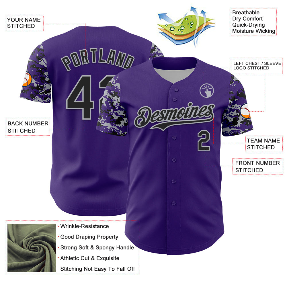 Custom Purple Black-Gray Digital Camo Two Tone Authentic Baseball Jersey