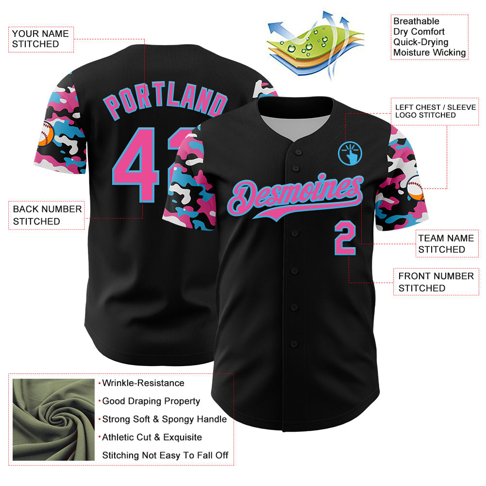Custom Black Pink Sky Blue-White Digital Camo Two Tone Authentic Baseball Jersey