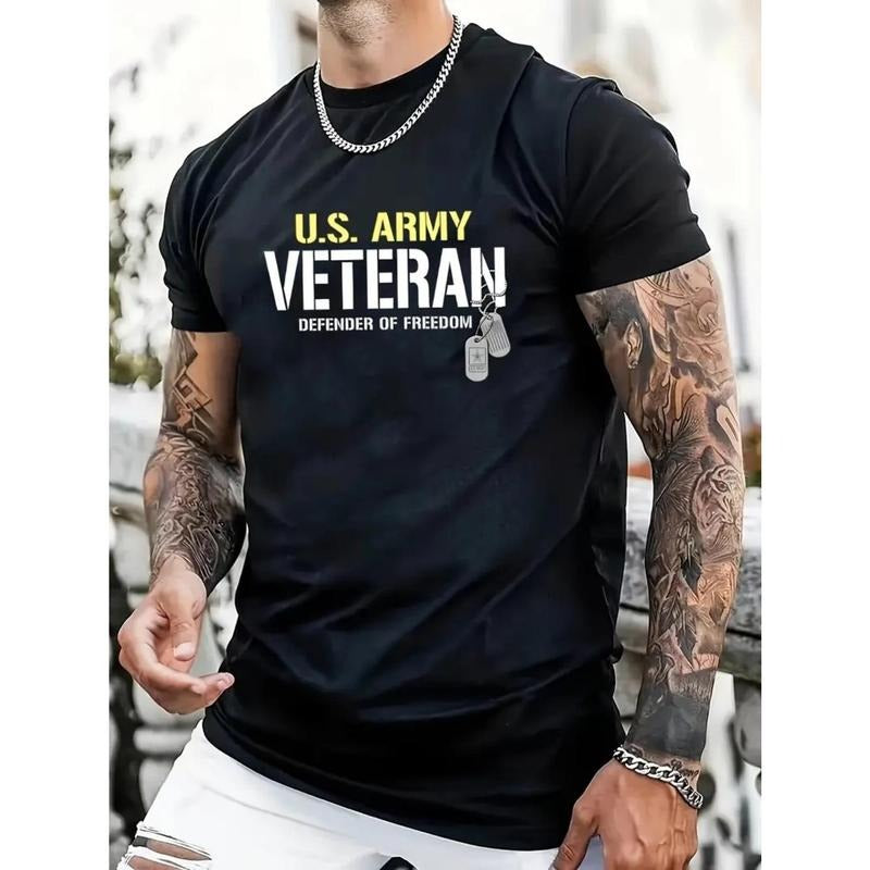 US Army Veteran Letter Print for Men Women Couple Fashion T-Shirt, Street Short Sleeve Cotton T-Shirt, Comfort-Fit Crew...