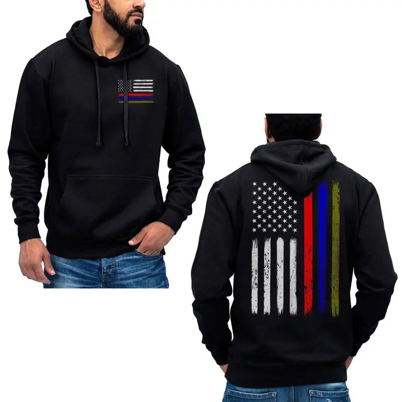 US Thin Red Blue Green Line Flag Hoodie Sweatshirt Firefighter Police Army Cotton Fabric T-Shirts | WearSparks.com