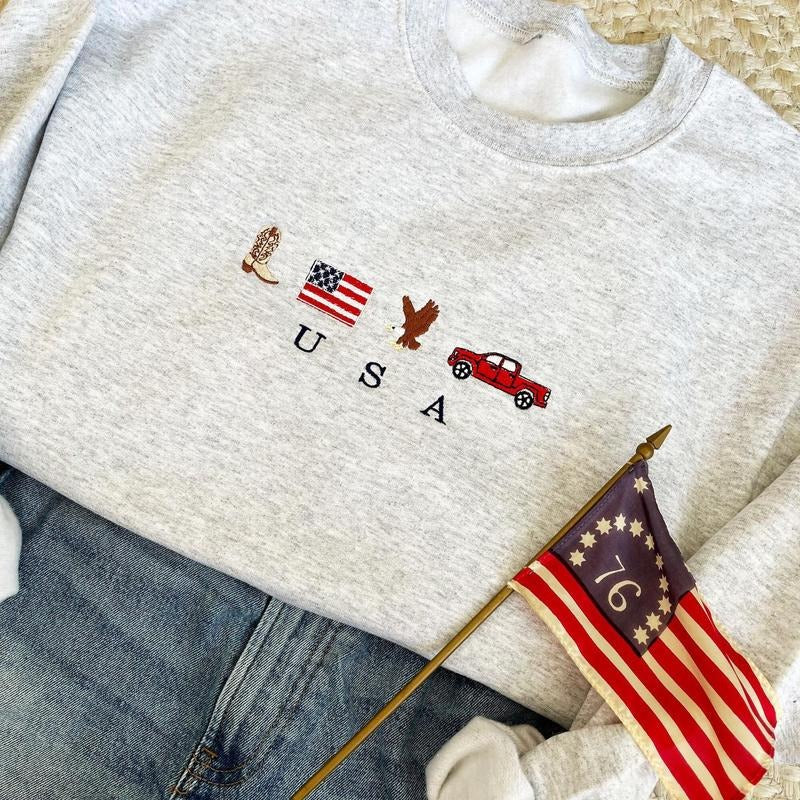 USA Embroidered Icons Crewneck Sweatshirt | America Sweatshirt | 4th of July crewneck | Country, Western, Cowboy...