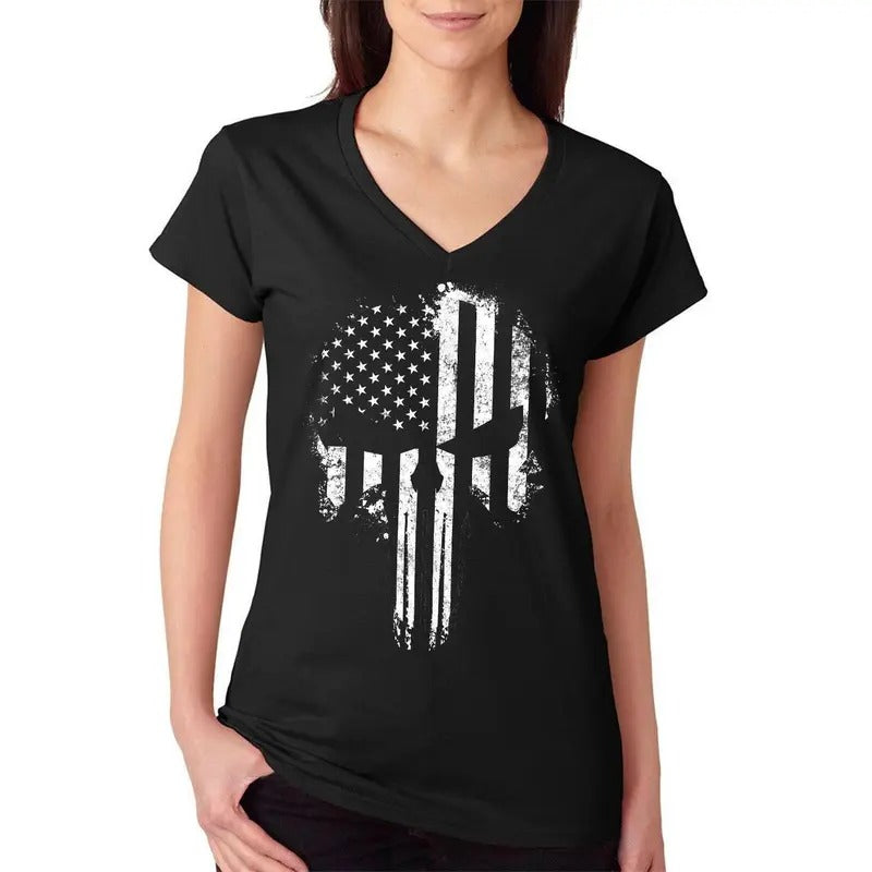 USA Flag B&W Skull Women's V-Neck T-Shirt Hoodie, Sweatshirt | WearSparks.com