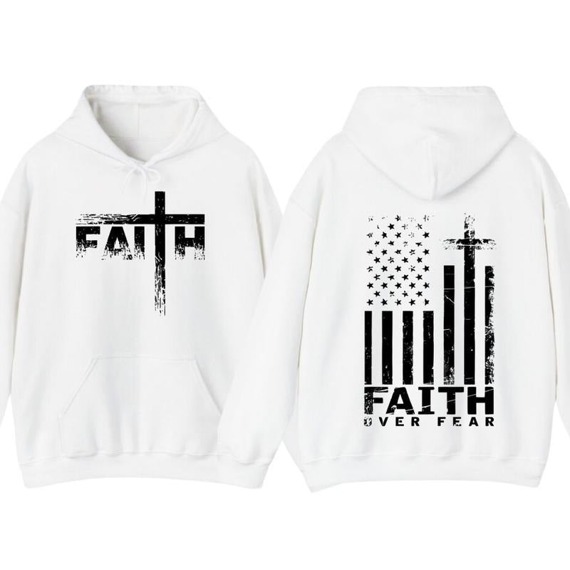 USA Flag Patriotic American Faith Over Fear Prayer 2 Side Pullover Hoodie, T-Shirt
