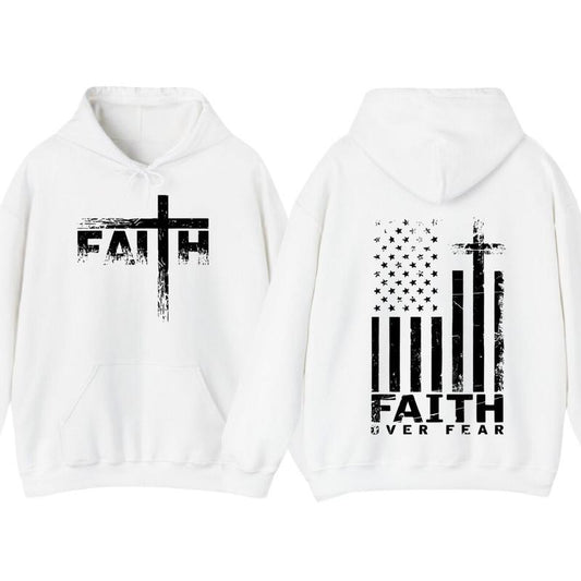 USA Flag Patriotic American Faith Over Fear Prayer 2 Side Pullover Hoodie, T-Shirt