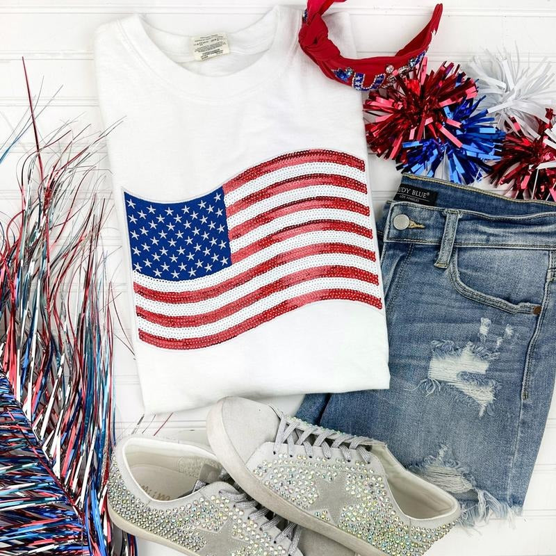 USA Flag Sequin Patch Comfort Colors T-Shirt -- WHITE Hoodie, Sweatshirt | WearSparks.com