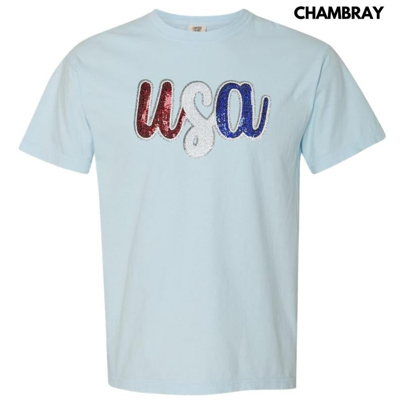 USA Red White & Blue Sequin Patch Comfort Colors T-Shirt Hoodie, Sweatshirt | WearSparks.com