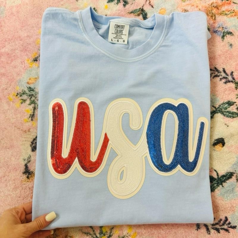 USA sequin patch T shirt  | light blue comfort colors t shirt | 4th of July patriotic graphic tee Hoodie, Sweatshirt