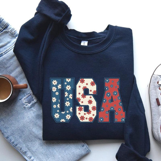 USA, Floral Print, Patriotic, America Flag Sweatshirt, Women's Crew Neck, Crewneck T-Shirts, Hoodie | WearSparks.com