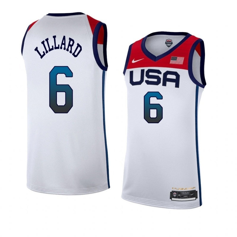 USA Dream Team 14 #6 Lillard Tokyo Olympics Team USA White Style 2