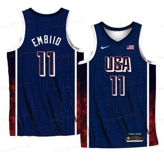 USA Team #11 Joel Embiid 2024 Paris Olympics Navy Home