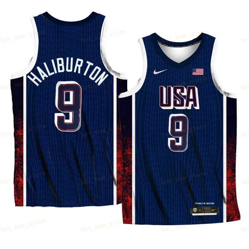 USA Team #9 Tyrese Haliburton 2024 Paris Olympics Navy Home