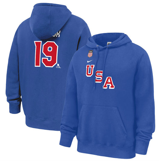 US Hockey #19 Matthew Tkachuk Royal 2026 Name & Number Hoodie