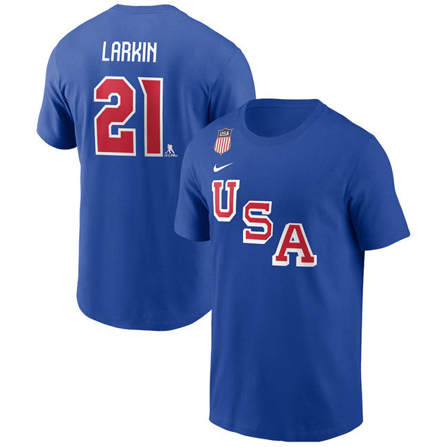 US Hockey #21 Dylan Larkin Royal 2026 Name & Number T-Shirt