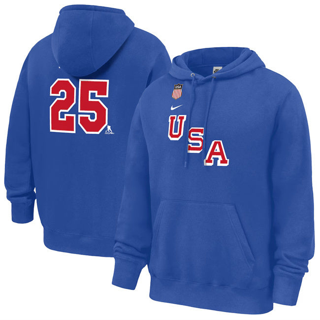 US Hockey #25 Charlie McAvoy Royal 2026 Name & Number Hoodie