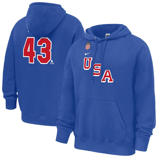 US Hockey #43 Quinn Hughes Royal 2026 Name & Number Hoodie