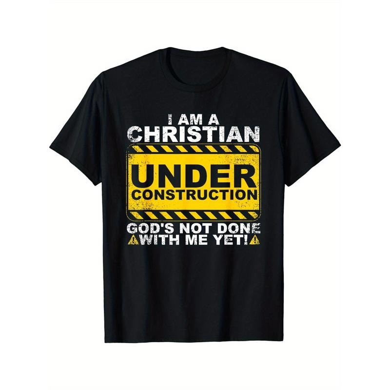 Under Construction Letters Print Men's Crew Neck Short Sleeve Tee Fashion T-Shirt, Casual Comfy Breathable Top For Spring...