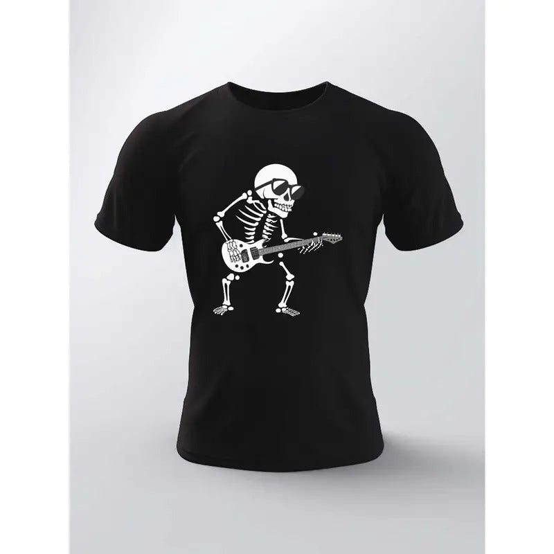 Unique Skeleton Playing Guitar Design Short Sleeve Casual T-Shirt for Men, Summer Tees Made in USA Hoodie, Sweatshirt