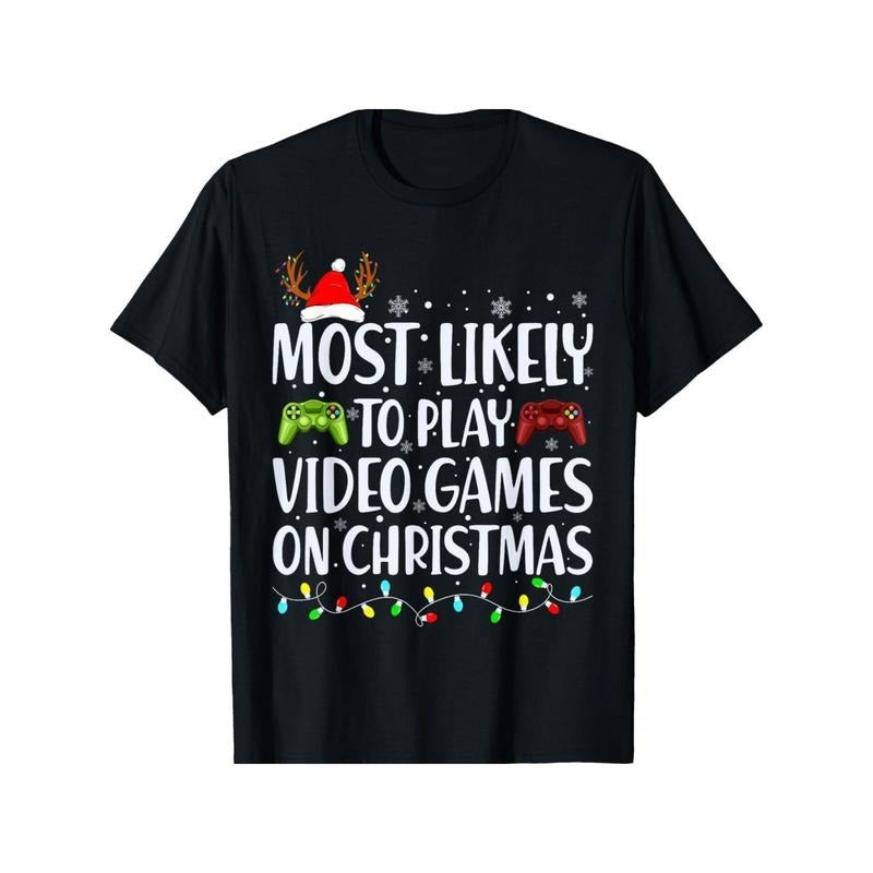Unisex Christmas Gaming T-Shirt, 100% Cotton, Casual Crew Neck, Slight Stretch, Knit Fabric, Regular Fit, with Santa and...