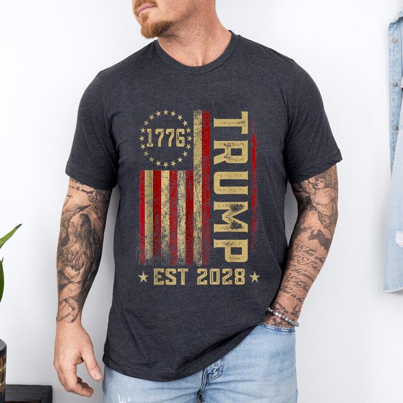 [Unisex Cotton] Trump 2028 Vote Donald Trump America US Flag Vintage T-Shirt , Short Sleeve, Top Unisex Hoodie, Sweatshirt