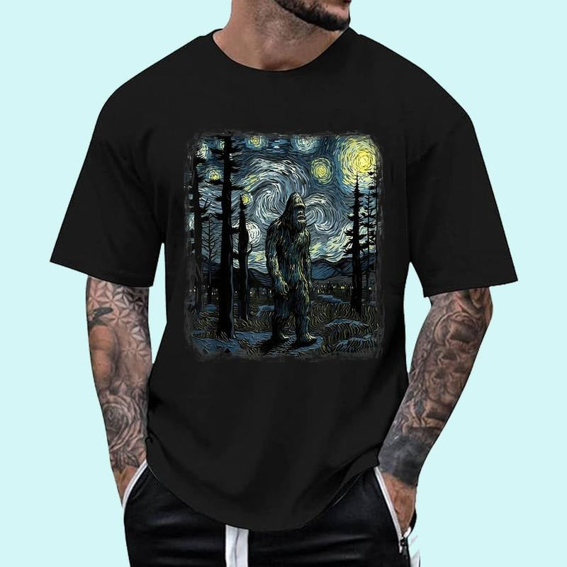 [Unisex Cotton Shirt] Bigfoot Starry Night Sasquatch Van Gogh Sky Painting Art T-Shirt Hoodie, Sweatshirt | WearSparks.com