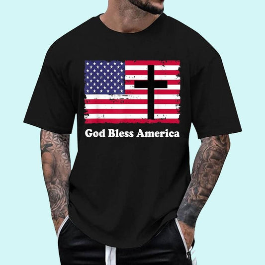 [Unisex Cotton Shirt] God Bless America Patriotic Flag with Cross T-Shirt Hoodie, Sweatshirt | WearSparks.com