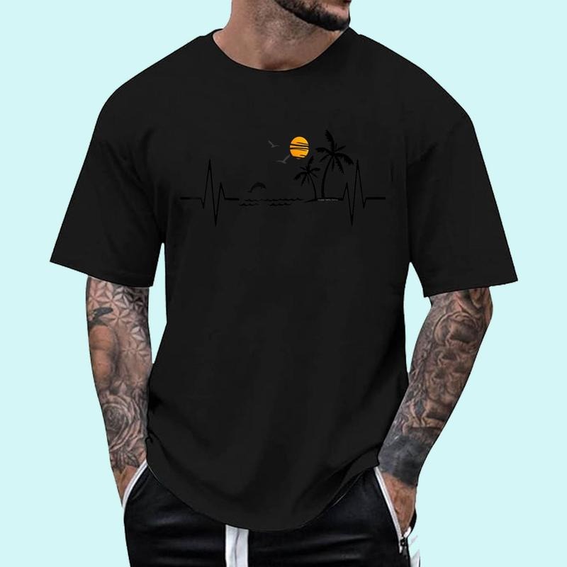[Unisex Cotton Shirt] Heartbeat with Tropical Palm Trees Beach Island and Dolphin T-Shirt Hoodie, Sweatshirt | WearSparks.com