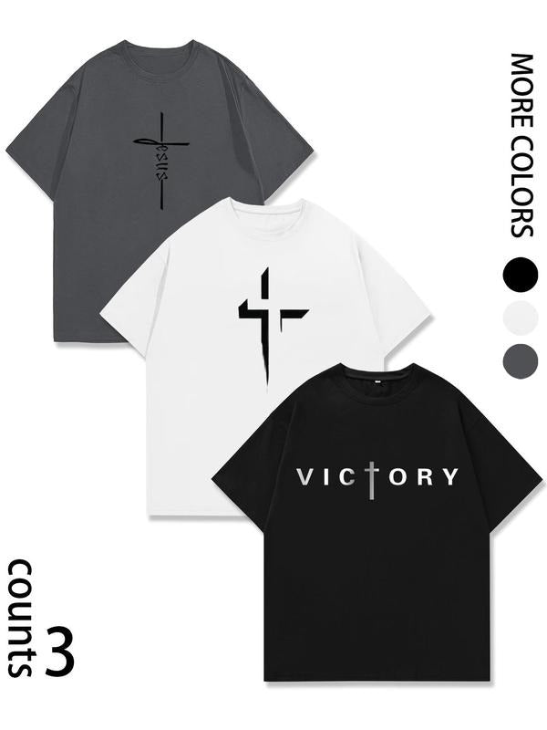 Unisex Cross & Letter Print Short Sleeve Tee, Casual Comfy Round Neck T-shirt for Daily Wear, Unisex Top for All Seasons...