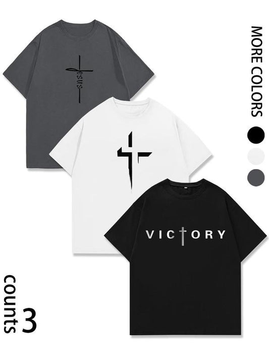 Unisex Cross & Letter Print Short Sleeve Tee, Casual Comfy Round Neck T-shirt for Daily Wear, Unisex Top for All Seasons...