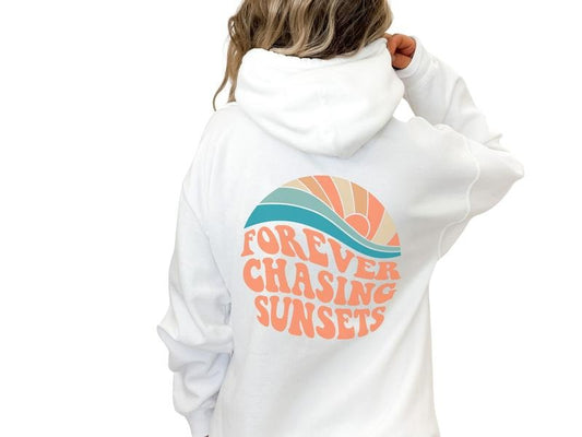 Unisex Forever Chasing Sunsets Hoodie for Men & Women, Words on Back Hoodie, Retro Sunset Graphic T-Shirts, Sweatshirt