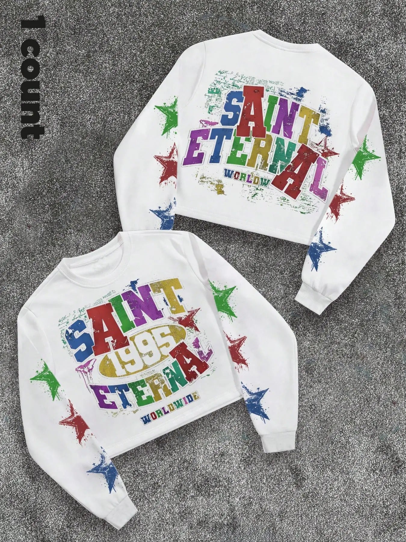 Unisex Letter & Star Print Round Neck Sweatshirt, Regular Fit Casual Street Long Sleeve Pullover for Daily Wear, Unisex...