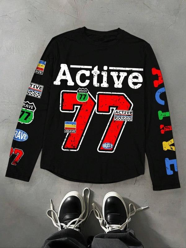 Unisex Men's Letter & Number Print Long Sleeve Tee, Regular Fit Casual Street Round Neck T-shirt for Daily Wear, Unisex...