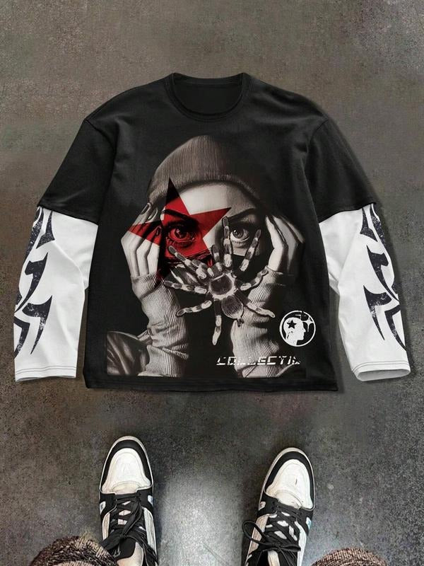 Unisex's  Graphic Print 2 in 1 Long Sleeve Tee, Regular Fit Street Fashion Casual Comfy Round Neck Pullover for Daily...