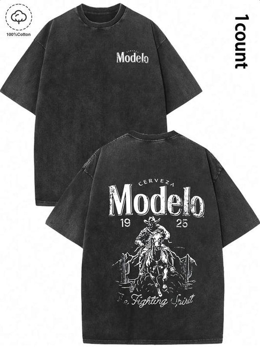 Unisex's 100% Cotton Washed Distressed Modelo Cowboy Tee, Regular Fit Street Fashion Casual Comfy Short Sleeve Crewneck...