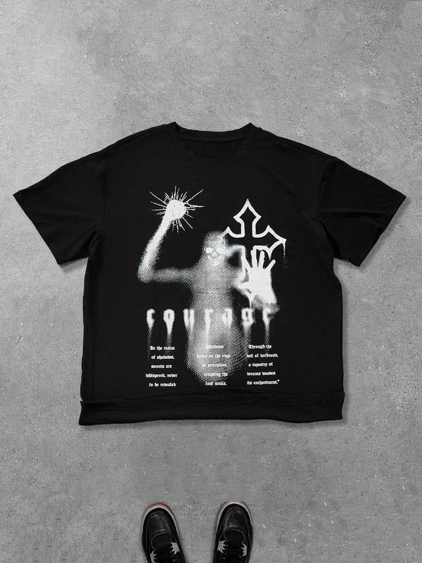 Unisex's Cross & Star Print Round Neck Graphic Tee, Casual Comfy Short Sleeve T-shirt for Daily Wear, Unisex Top for...